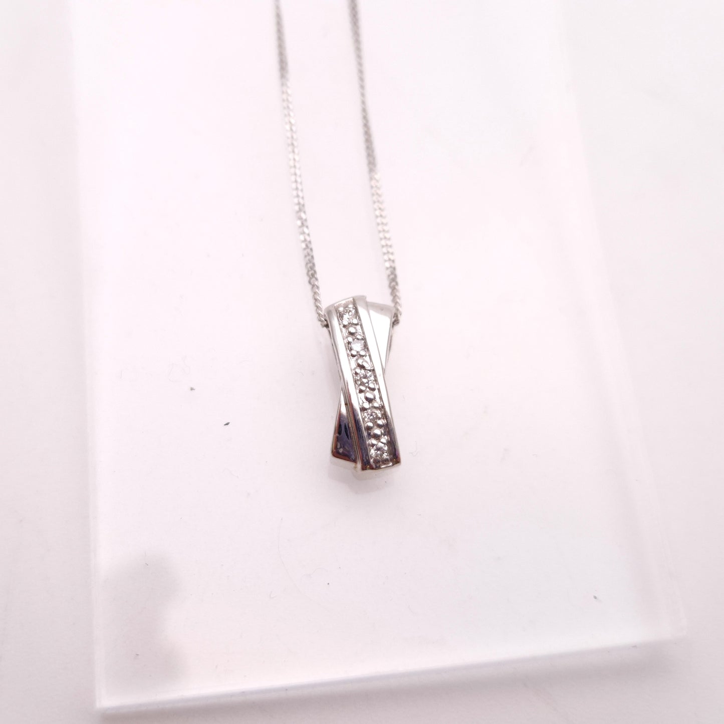 9ct White Gold Diamond Set 'X' Bar Pendant and Chain Necklace