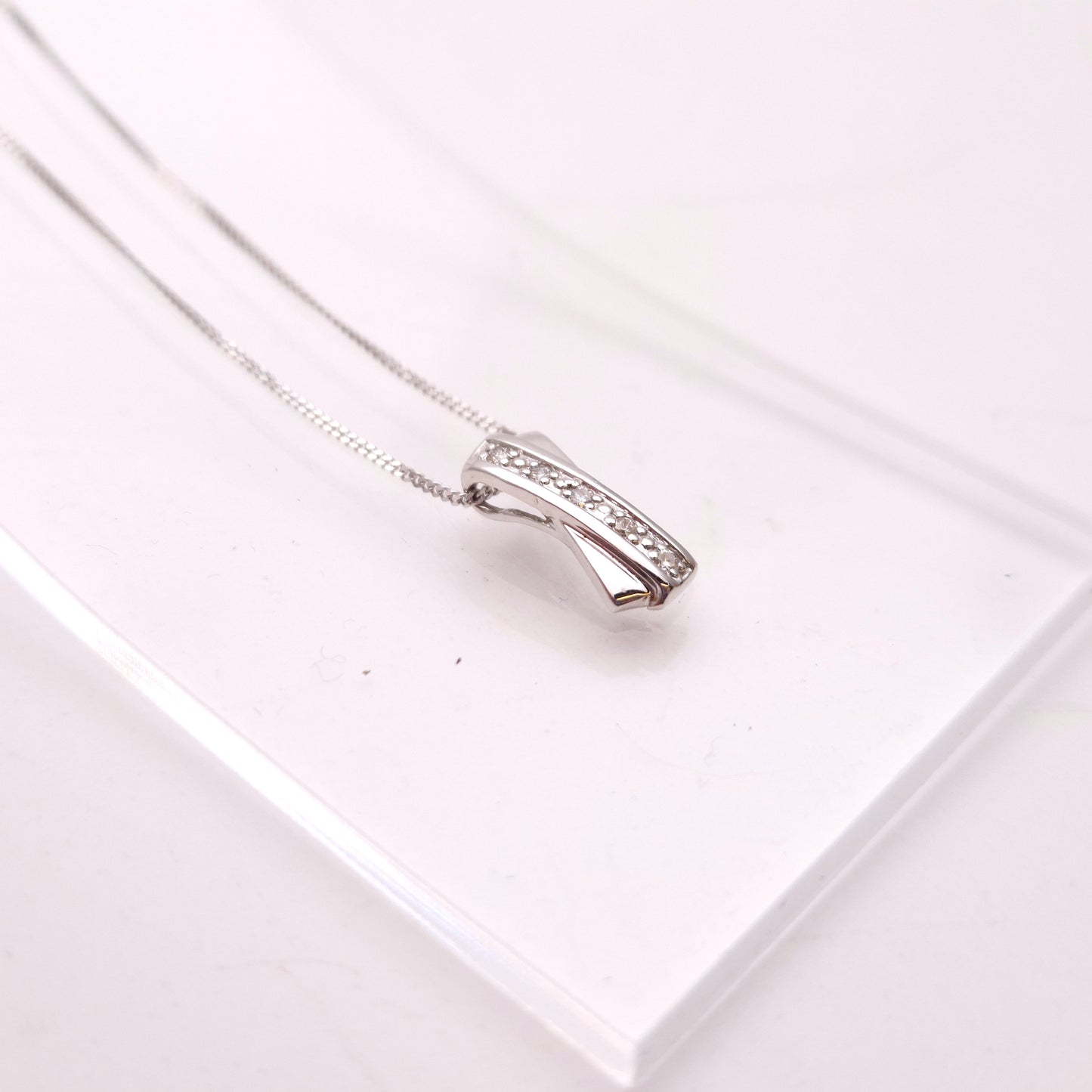 9ct White Gold Diamond Set 'X' Bar Pendant and Chain Necklace