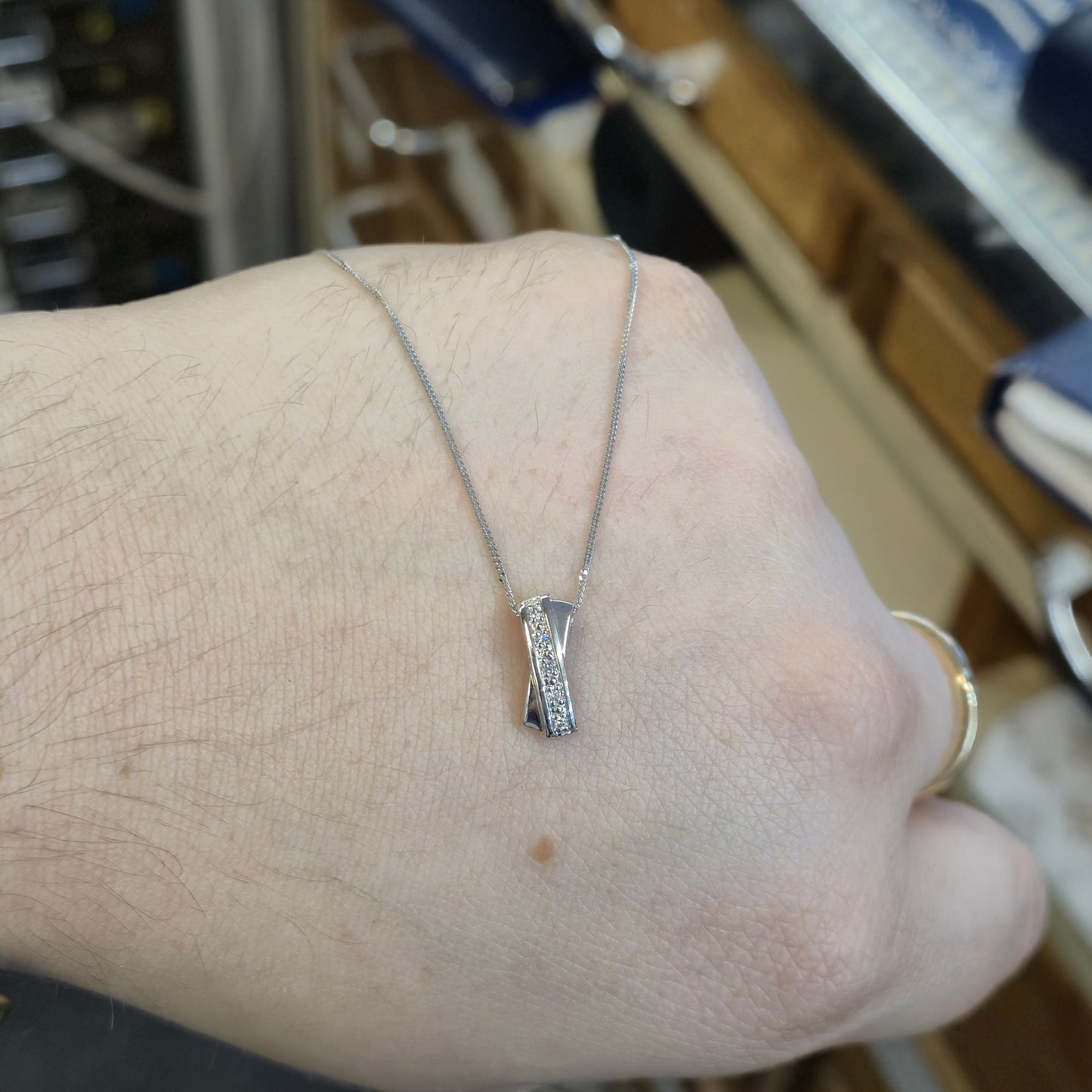 9ct White Gold Diamond Set 'X' Bar Pendant and Chain Necklace