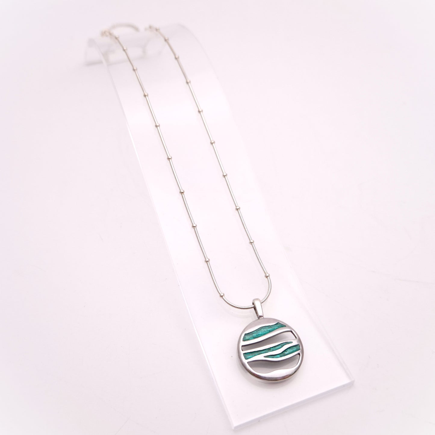 Sterling Silver Turquoise Enamel Abstract Circle Design Pendant & Chain Necklace