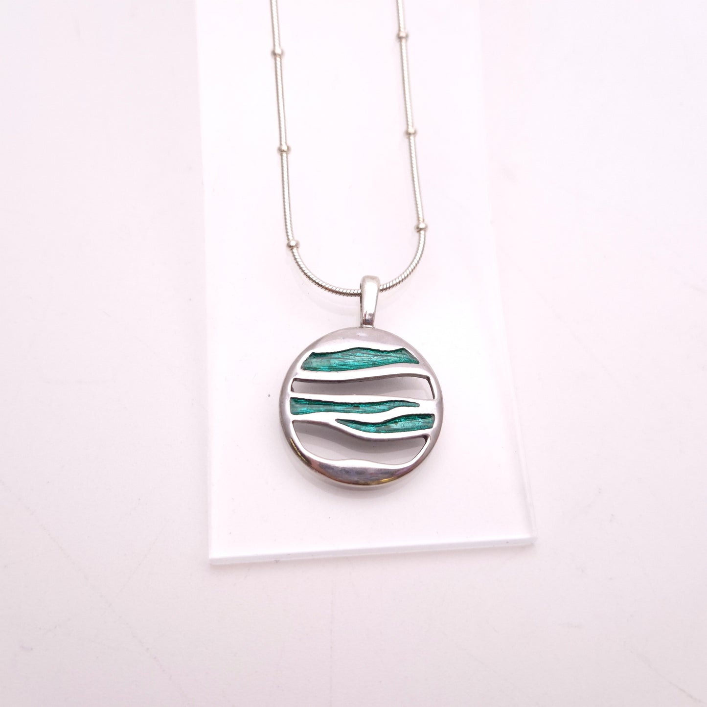 Sterling Silver Turquoise Enamel Abstract Circle Design Pendant & Chain Necklace