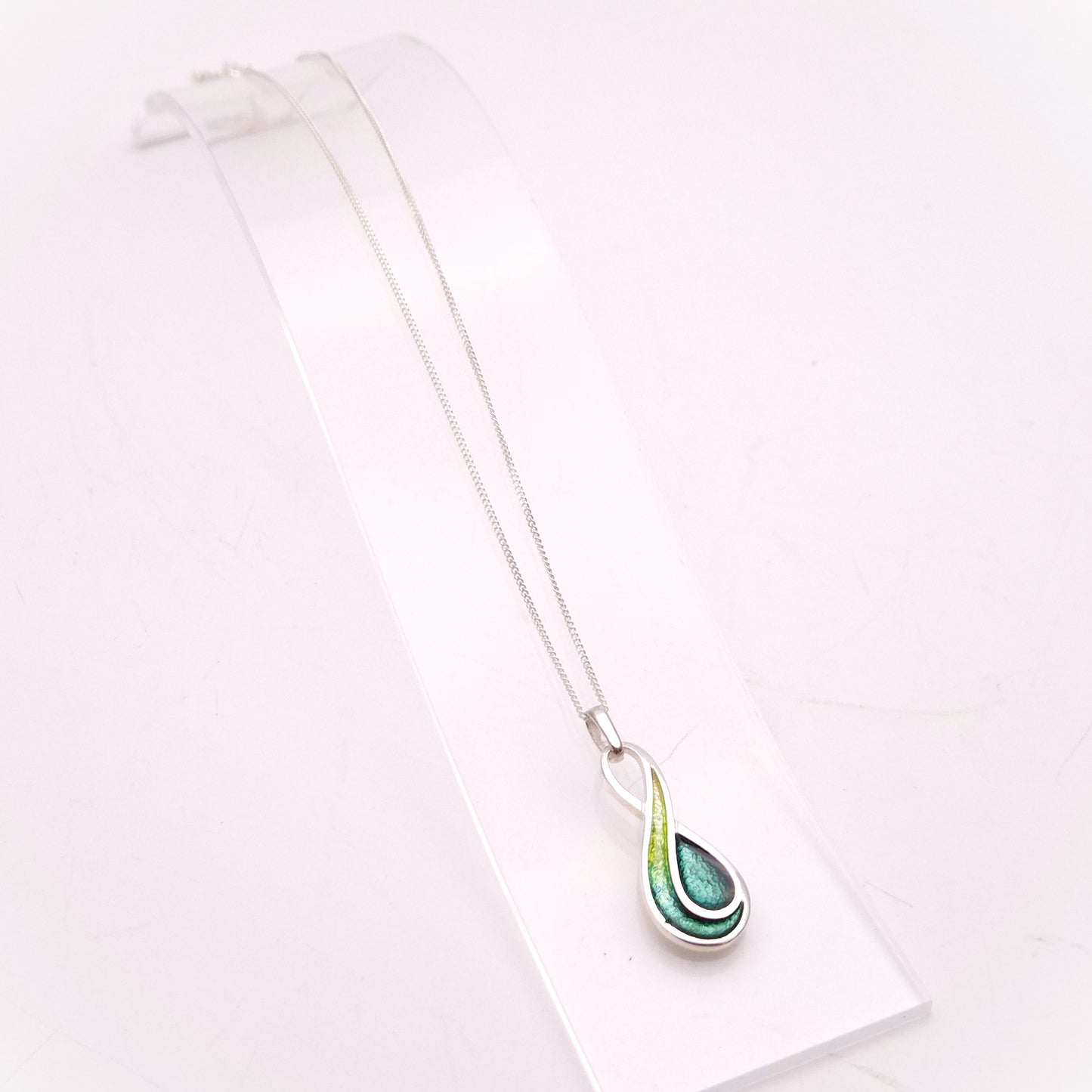 Sterling Silver Multi-Tone Green Swirly Enamel Pendant and Chain Necklace