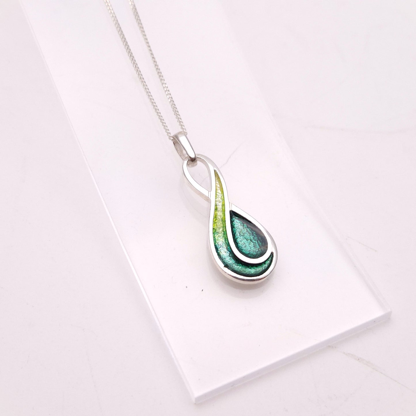 Sterling Silver Multi-Tone Green Swirly Enamel Pendant and Chain Necklace