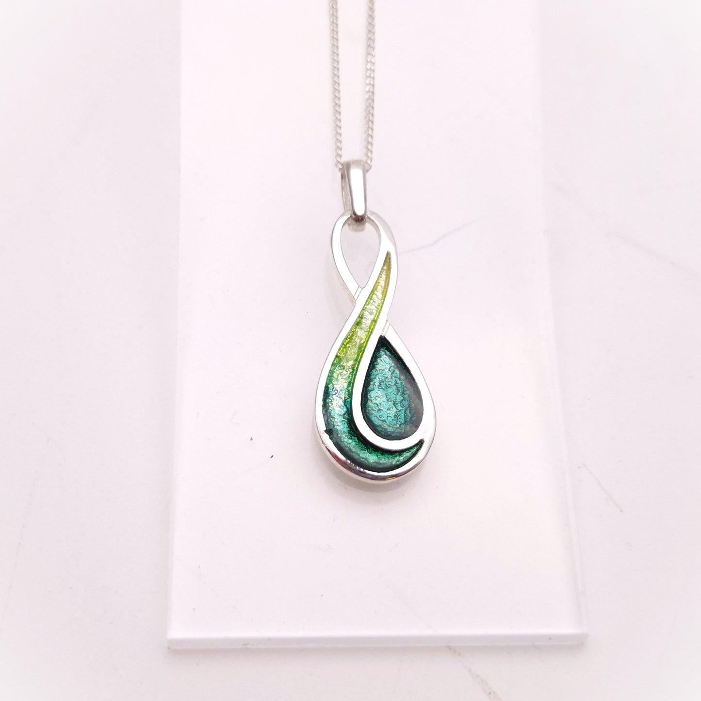 Sterling Silver Multi-Tone Green Swirly Enamel Pendant and Chain Necklace