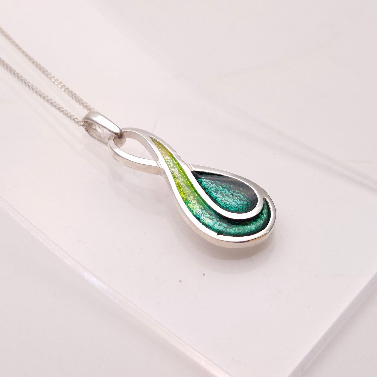 Sterling Silver Multi-Tone Green Swirly Enamel Pendant and Chain Necklace