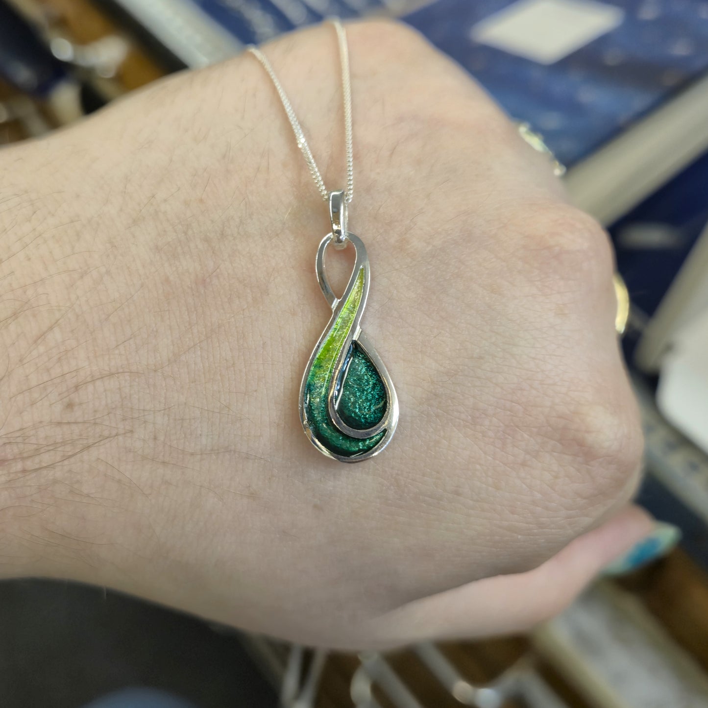 Sterling Silver Multi-Tone Green Swirly Enamel Pendant and Chain Necklace