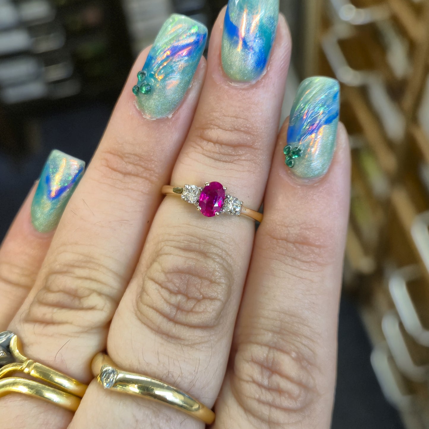 18ct Yellow Gold Ruby and Diamond Trilogy Three Stone Ring