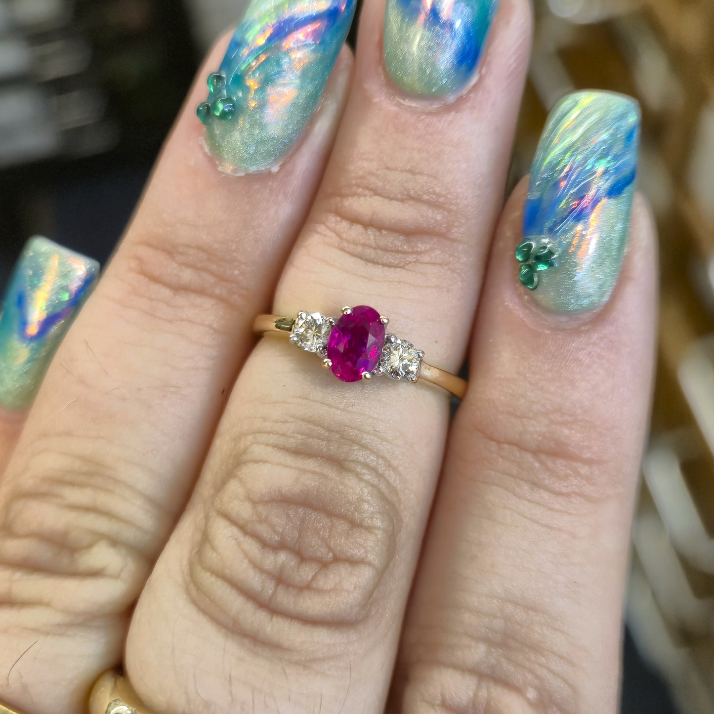 18ct Yellow Gold Ruby and Diamond Trilogy Three Stone Ring