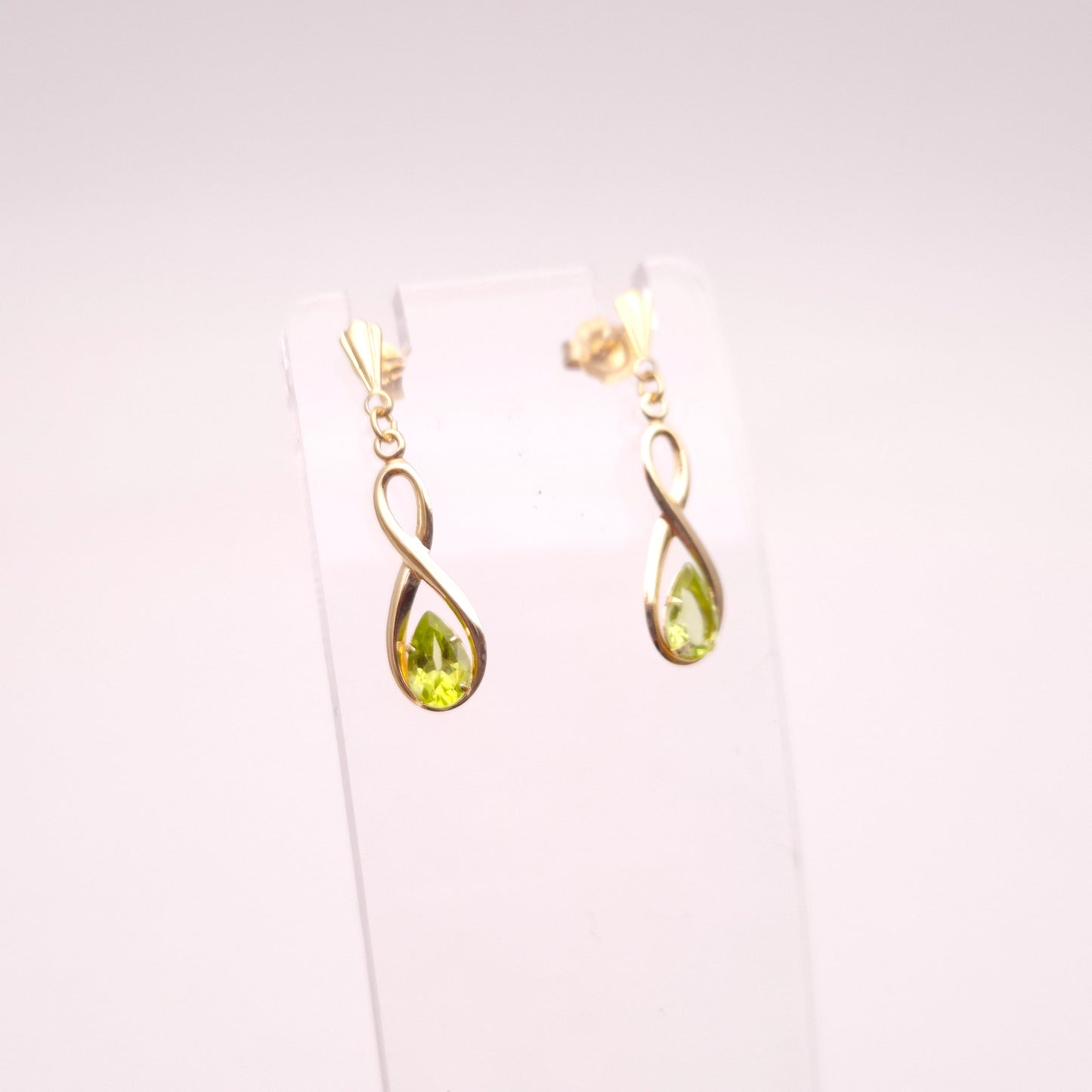 9ct Yellow Gold Swirly Figure 8 Peridot Set Drop Earrings