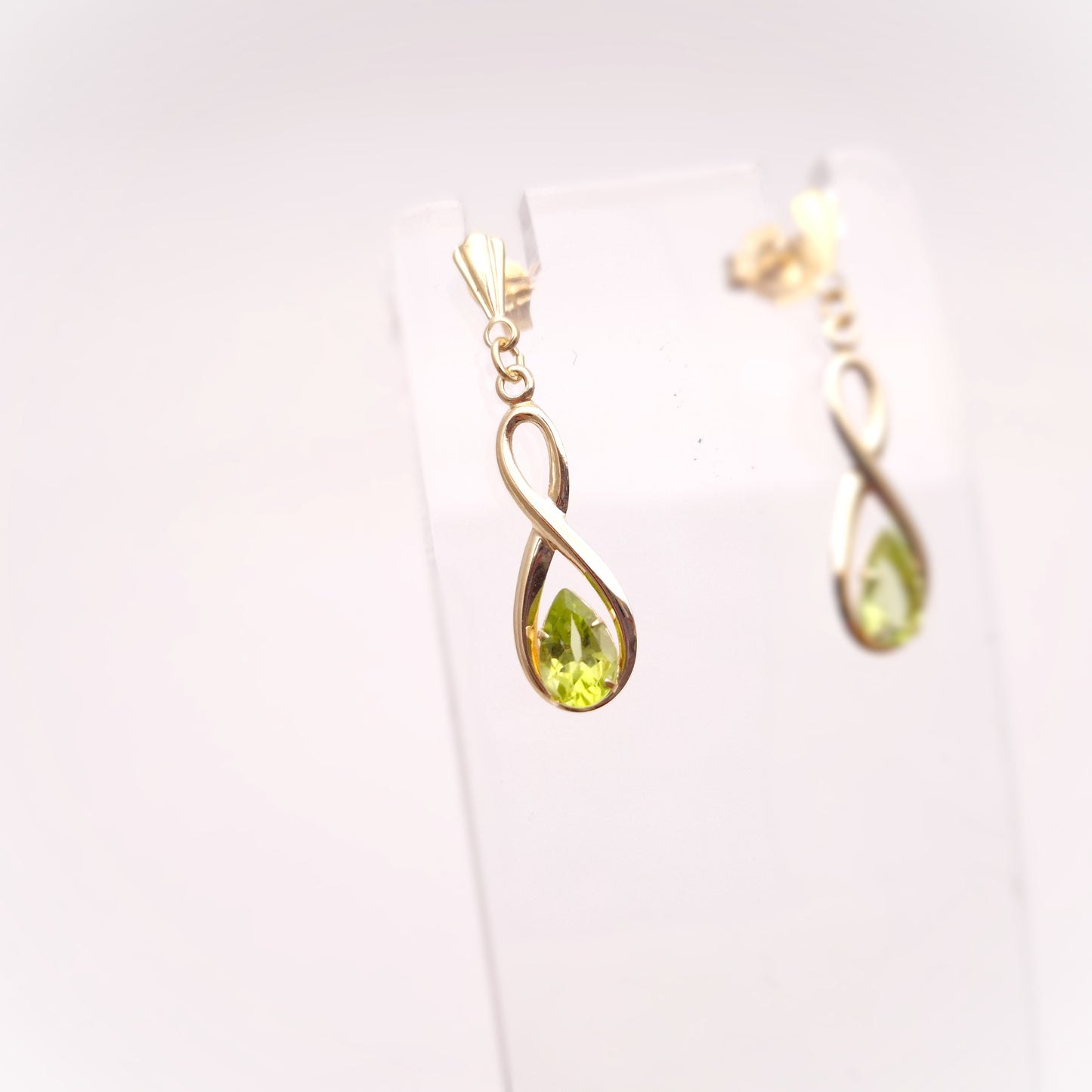 9ct Yellow Gold Swirly Figure 8 Peridot Set Drop Earrings