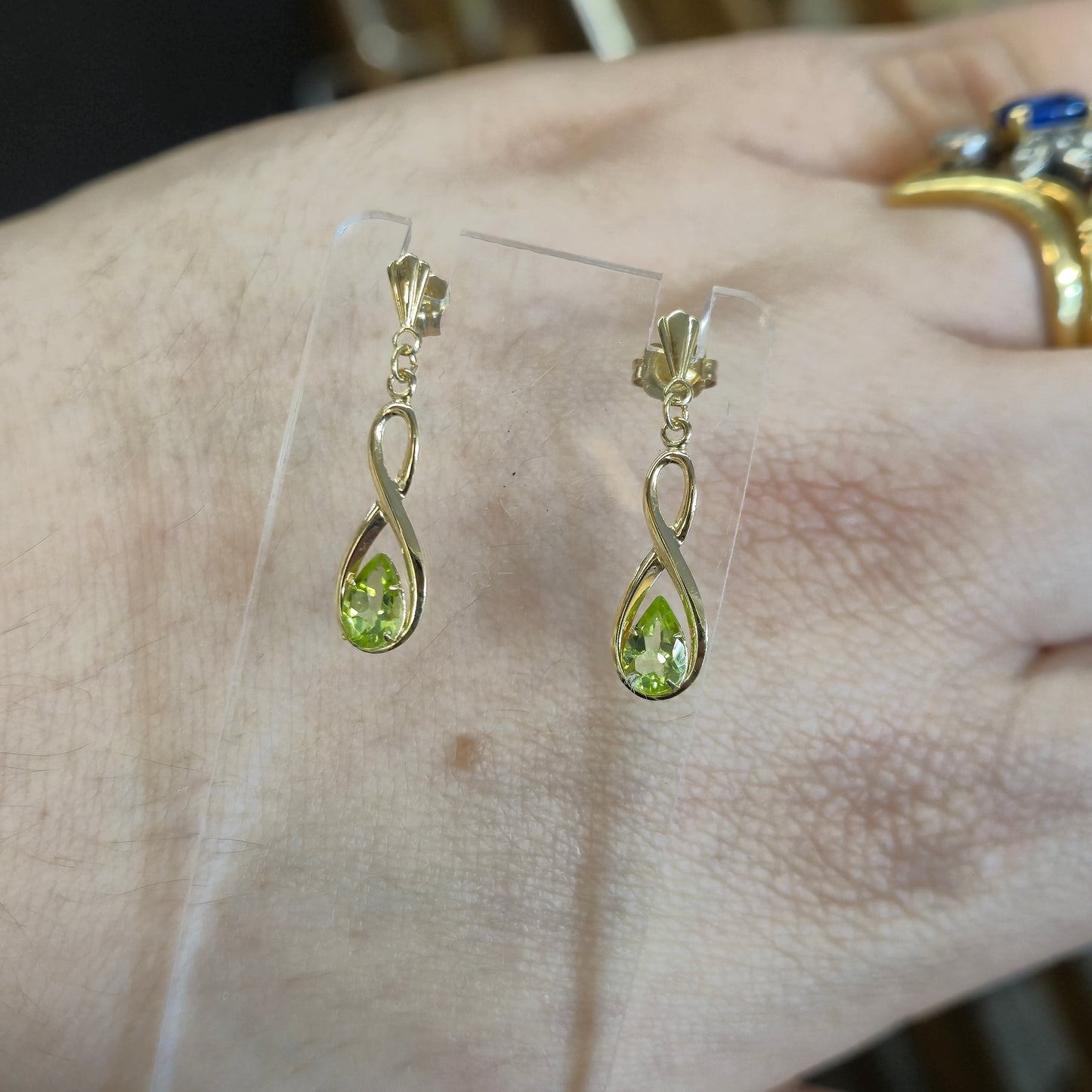 9ct Yellow Gold Swirly Figure 8 Peridot Set Drop Earrings