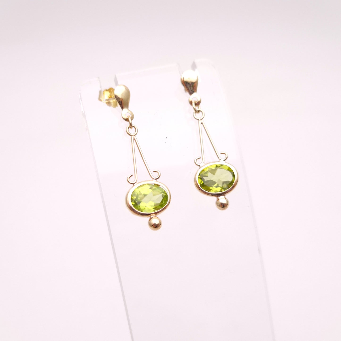 9ct Yellow Gold Geometric Art Deco Style Peridot Drop Earrings
