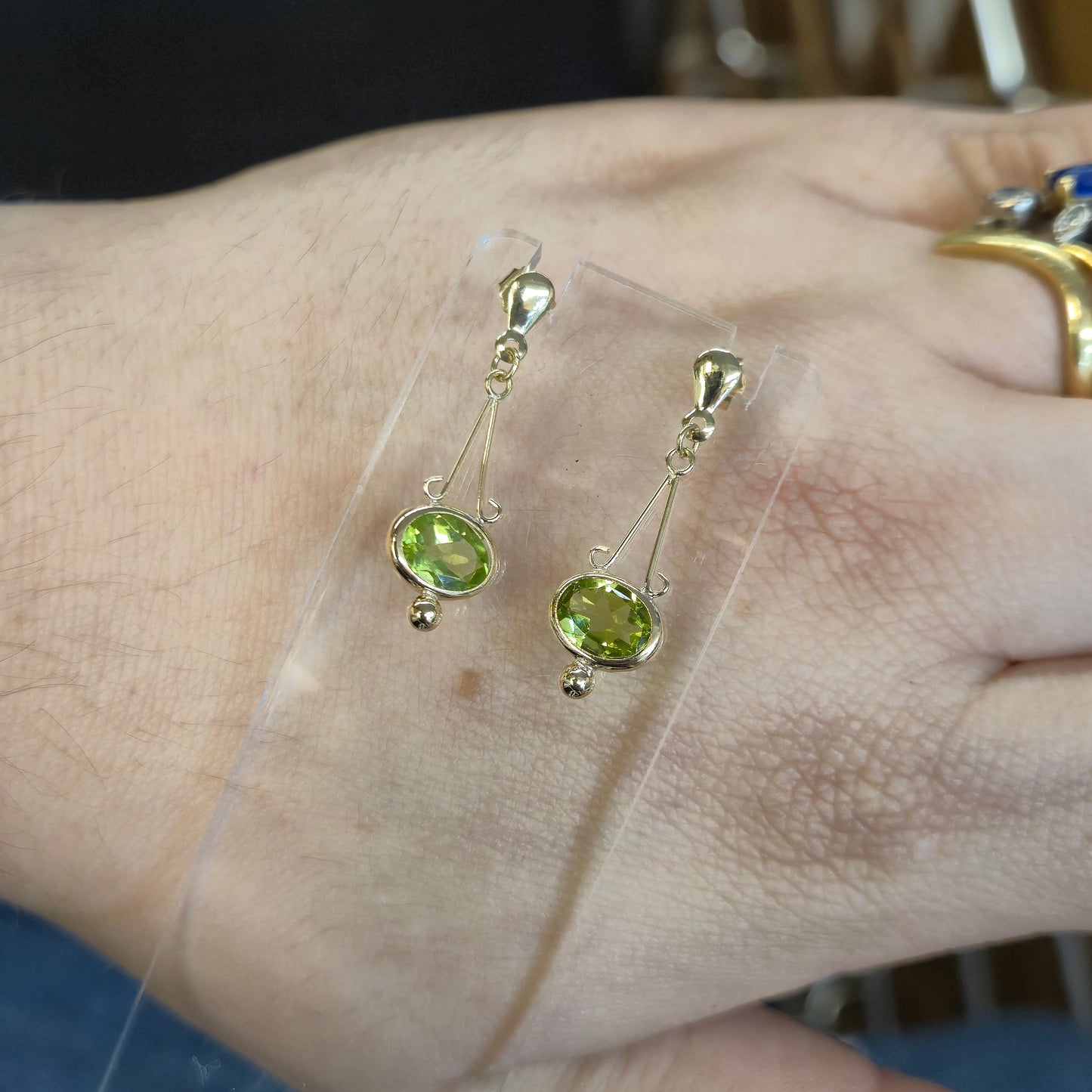 9ct Yellow Gold Geometric Art Deco Style Peridot Drop Earrings