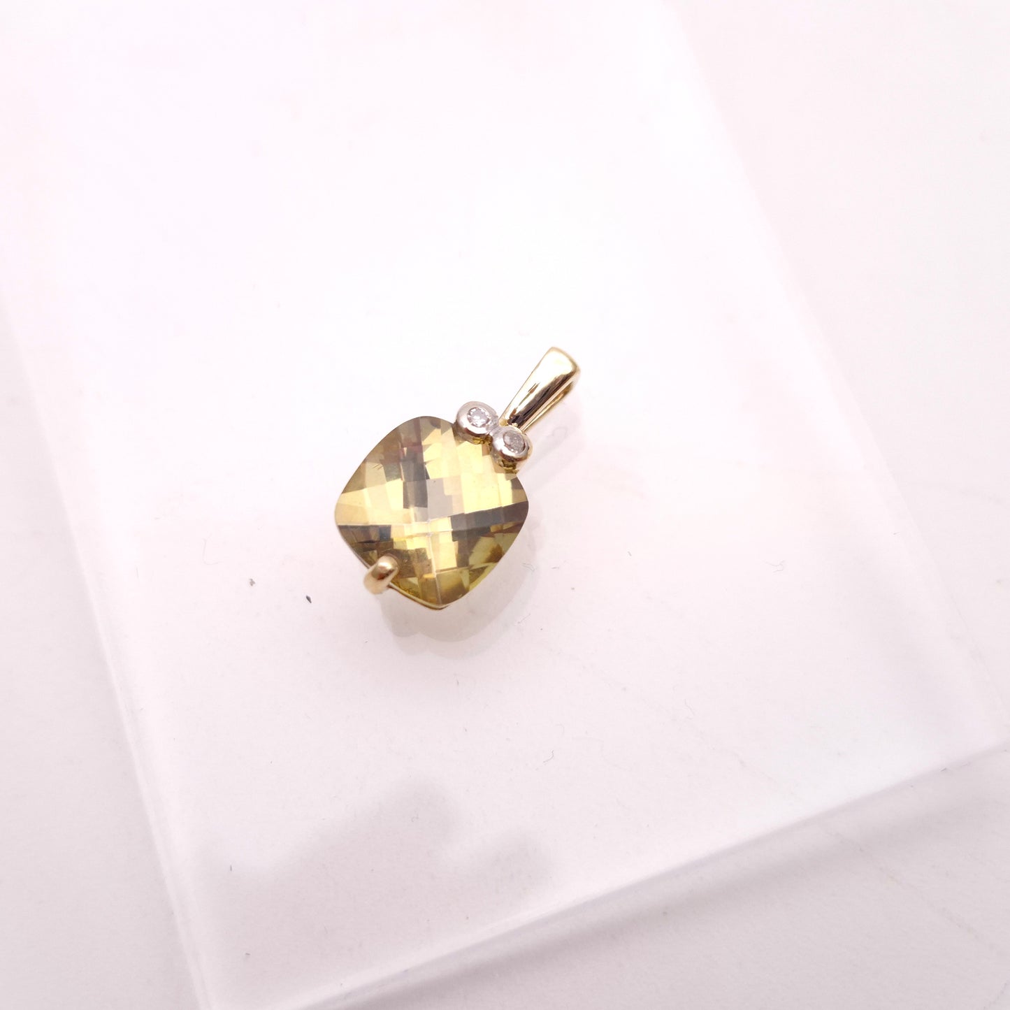9ct Yellow Gold Chequerboard Cushion Cut Peridot and Diamond PENDANT ONLY