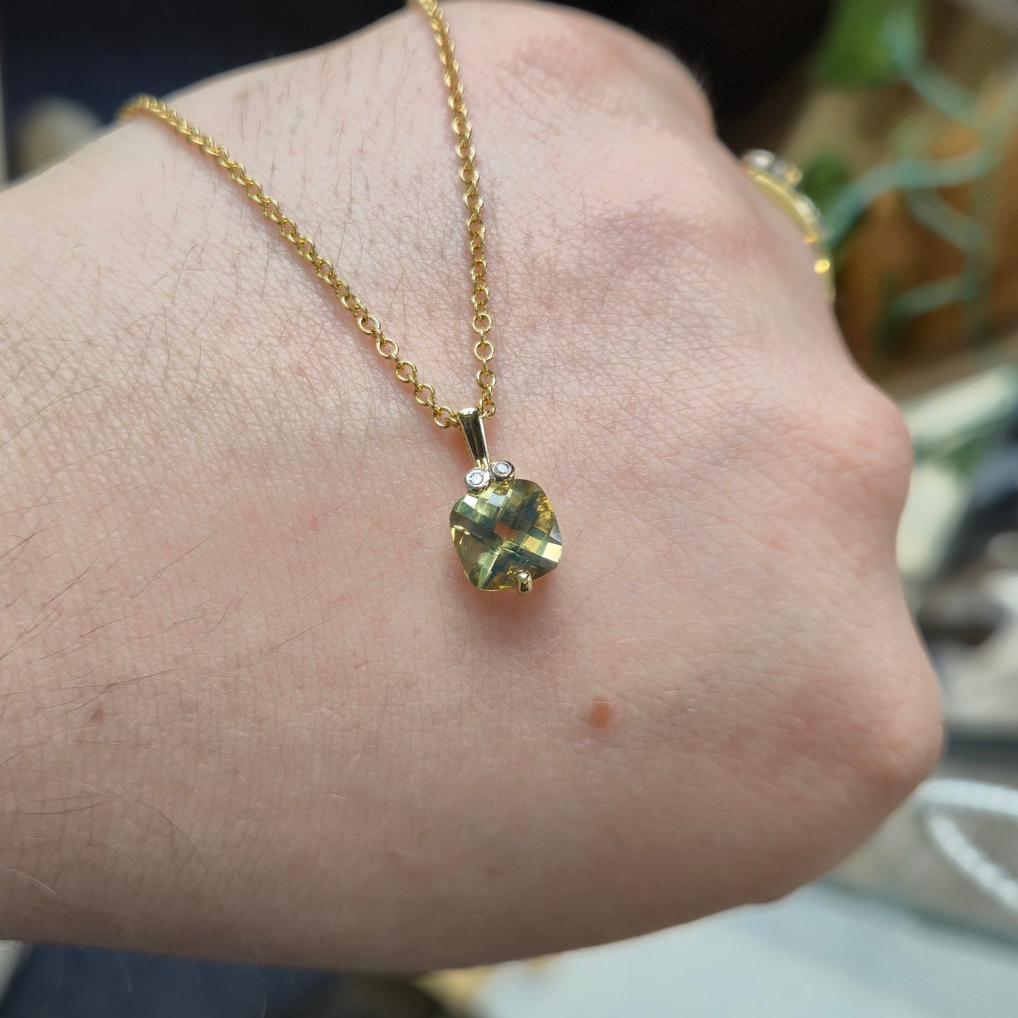 9ct Yellow Gold Chequerboard Cushion Cut Peridot and Diamond PENDANT ONLY