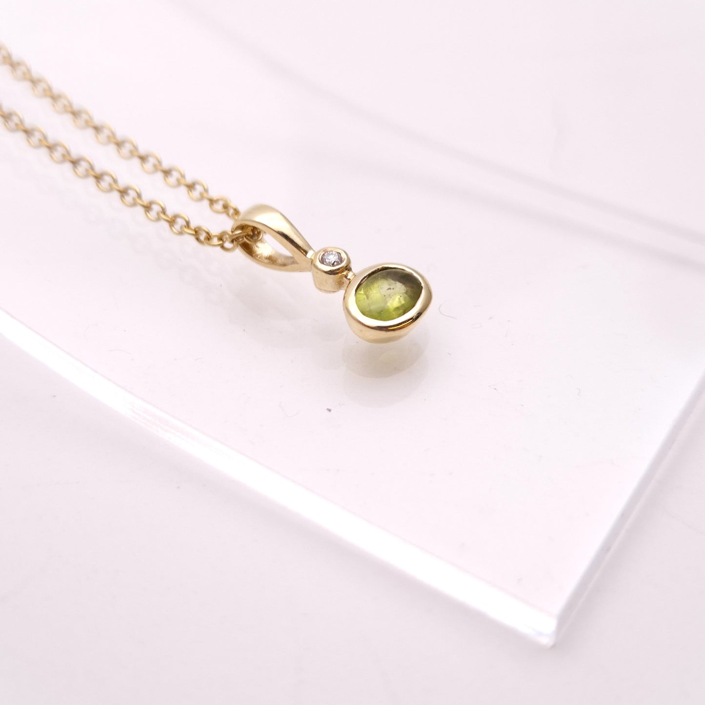 9ct Yellow Gold Oval Cabochon Peridot and Diamond PENDANT ONLY