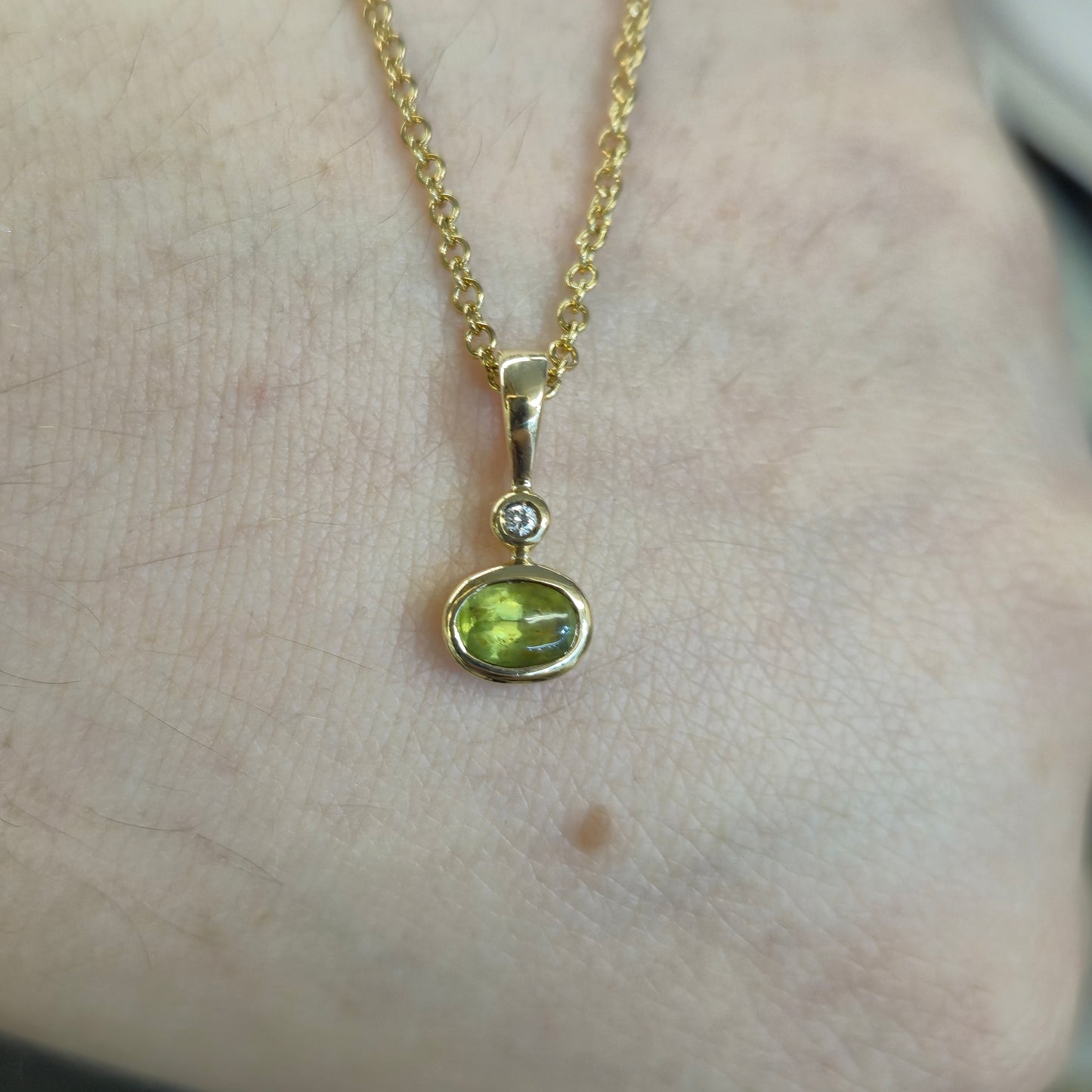 9ct Yellow Gold Oval Cabochon Peridot and Diamond PENDANT ONLY