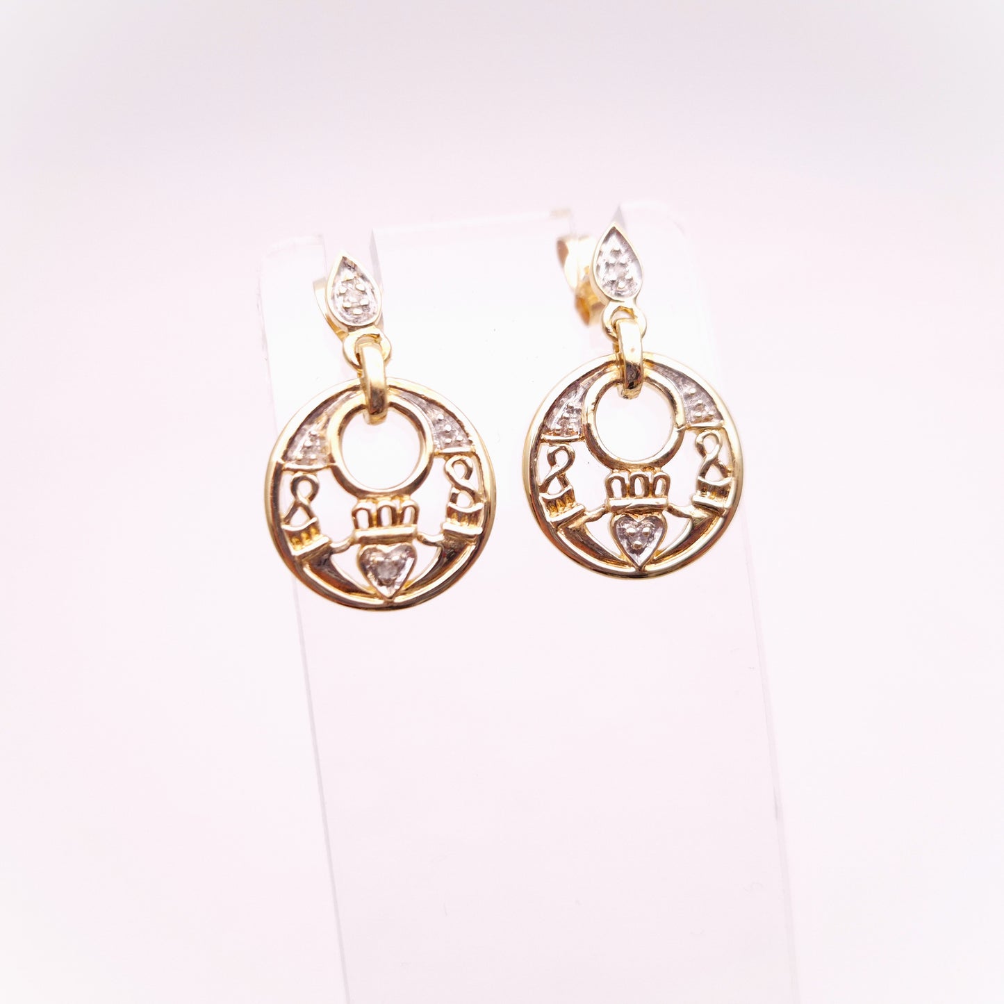 9ct Yellow Gold Diamond Set Claddagh Circle Drop Earrings