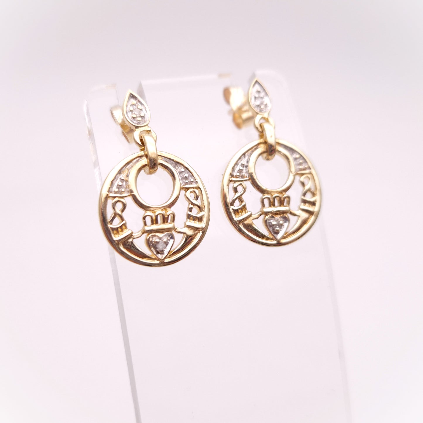 9ct Yellow Gold Diamond Set Claddagh Circle Drop Earrings