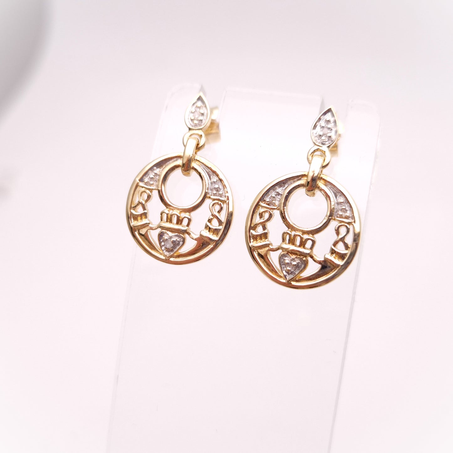 9ct Yellow Gold Diamond Set Claddagh Circle Drop Earrings