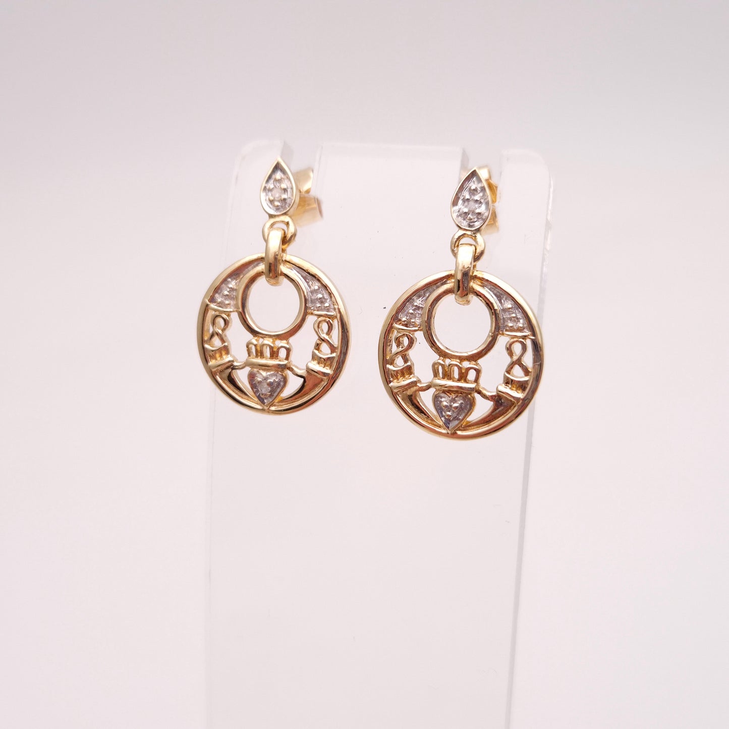 9ct Yellow Gold Diamond Set Claddagh Circle Drop Earrings