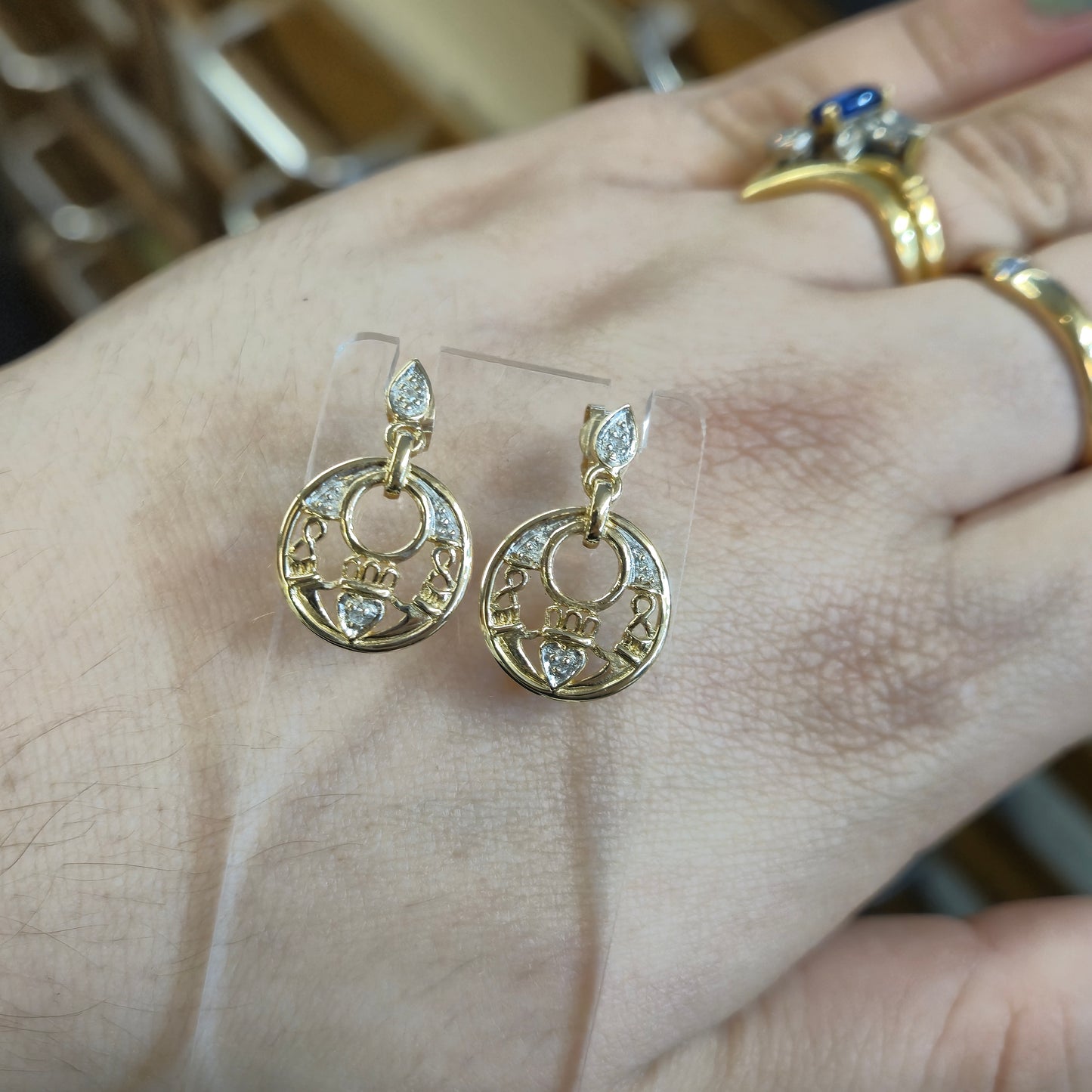 9ct Yellow Gold Diamond Set Claddagh Circle Drop Earrings