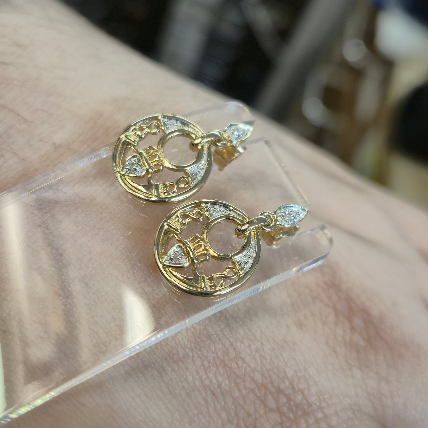 9ct Yellow Gold Diamond Set Claddagh Circle Drop Earrings