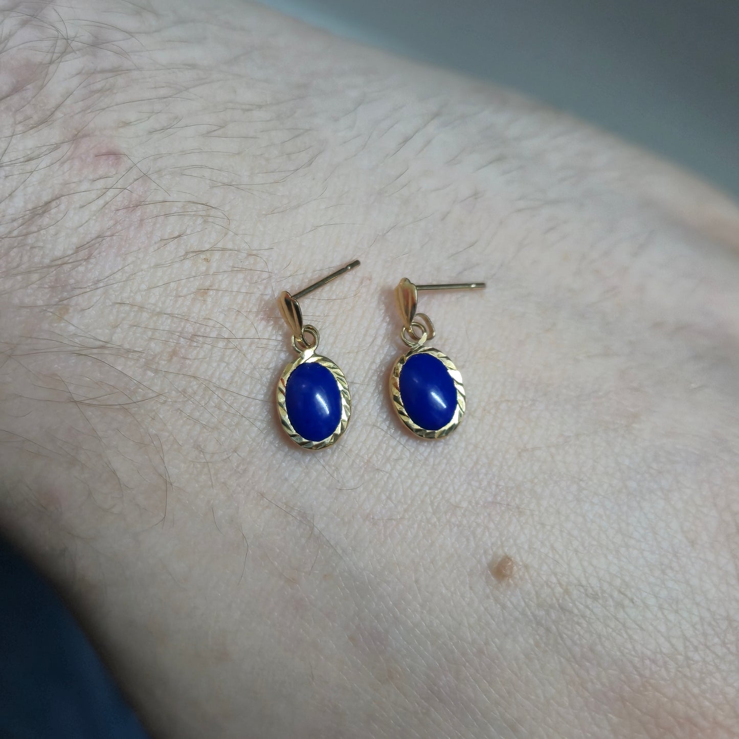 9ct Yellow Gold Small Oval Lapis Lazuli Drop Earrings