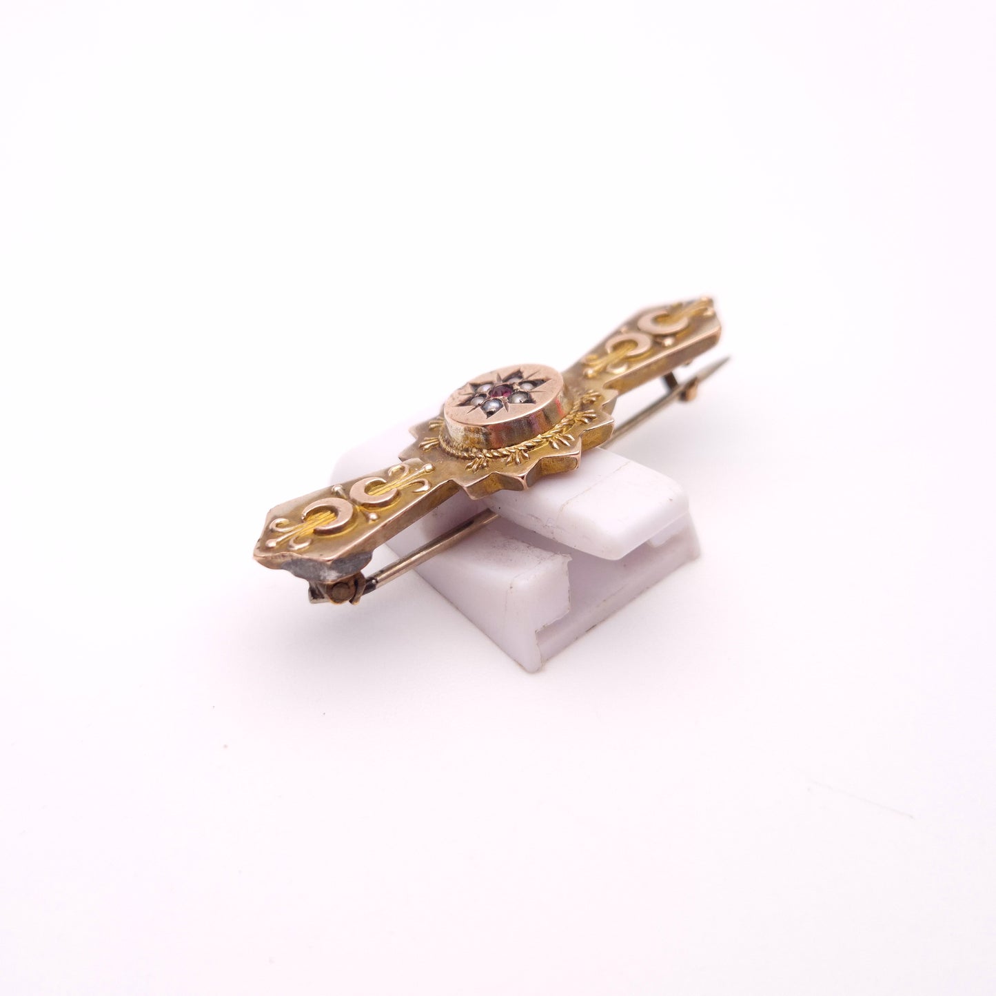 9ct Yellow Gold Ruby and Pearl Antique Mourning Style Brooch