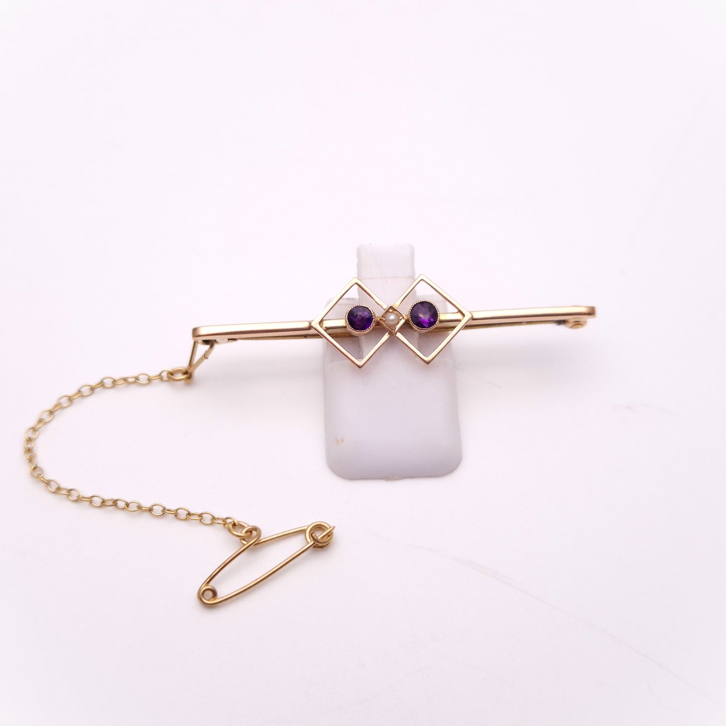 9ct Antique Amethyst and Seed Pearl Geometric Bar Brooch
