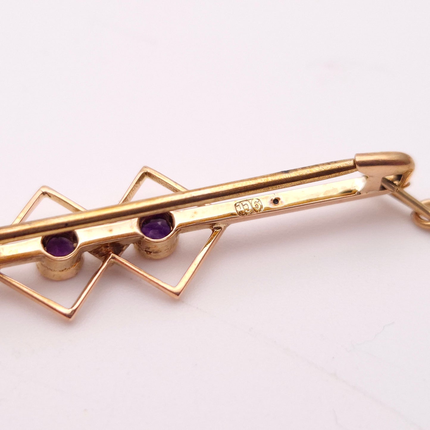 9ct Antique Amethyst and Seed Pearl Geometric Bar Brooch