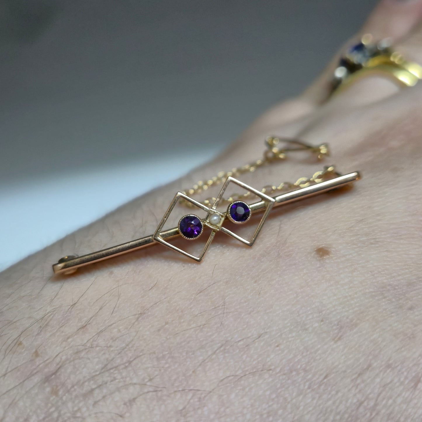 9ct Antique Amethyst and Seed Pearl Geometric Bar Brooch