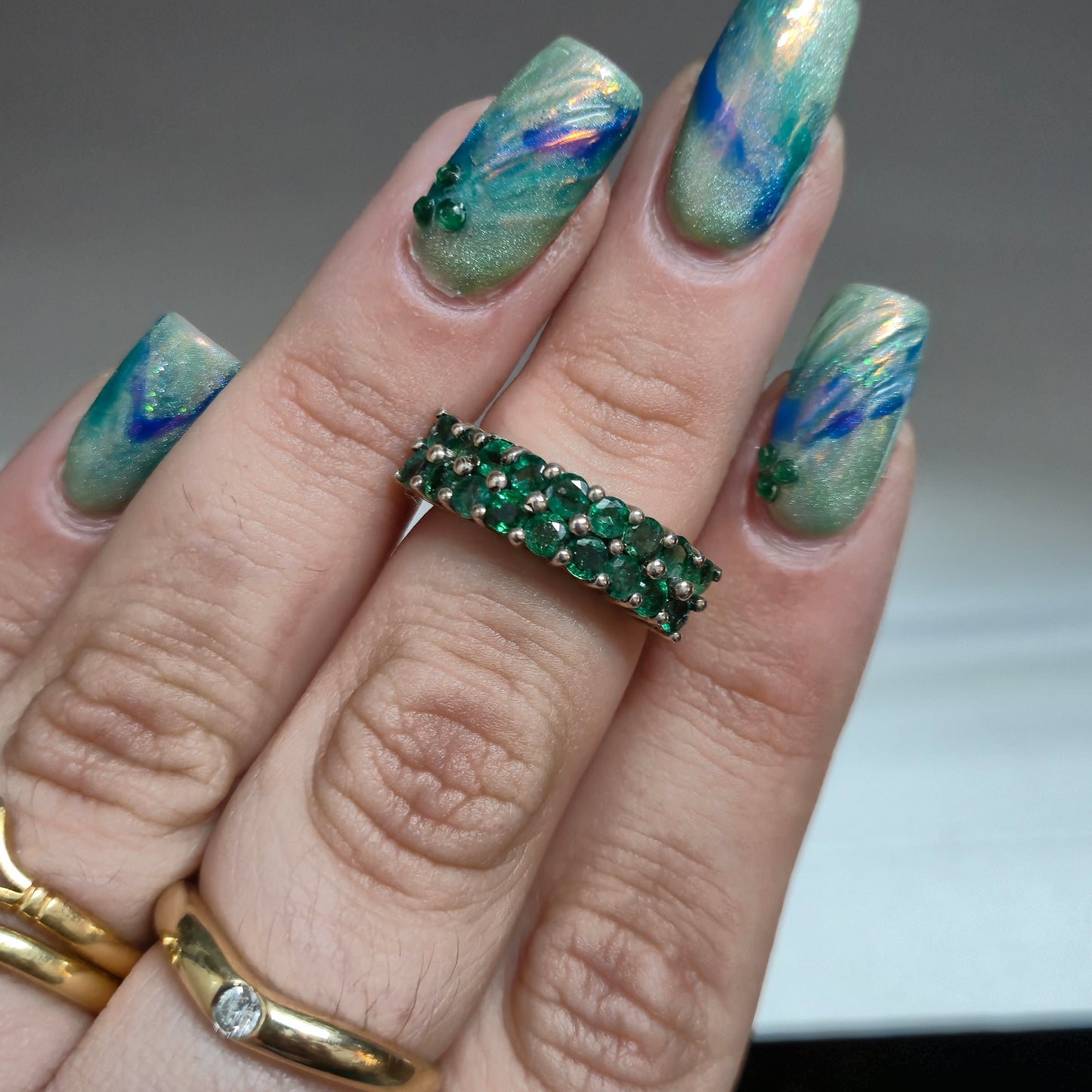 Sterling Silver Multi-Green Stone Double Row Ring