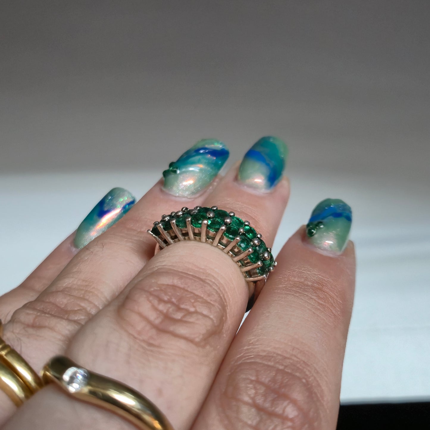 Sterling Silver Multi-Green Stone Double Row Ring