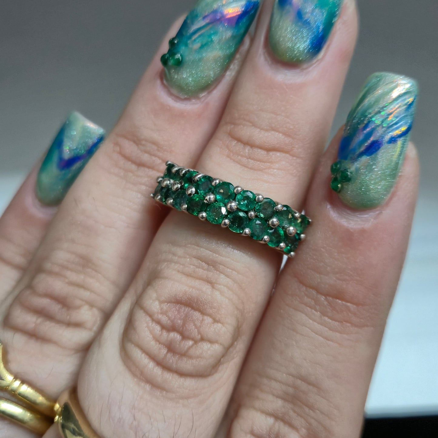 Sterling Silver Multi-Green Stone Double Row Ring