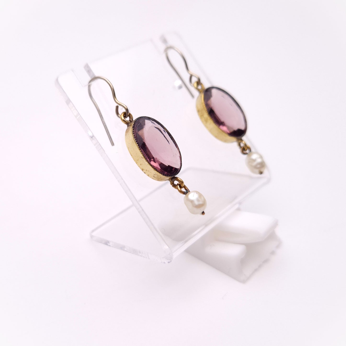 Gold Plated Vintage Purple Paste Stone and Pearl Drop Earrings