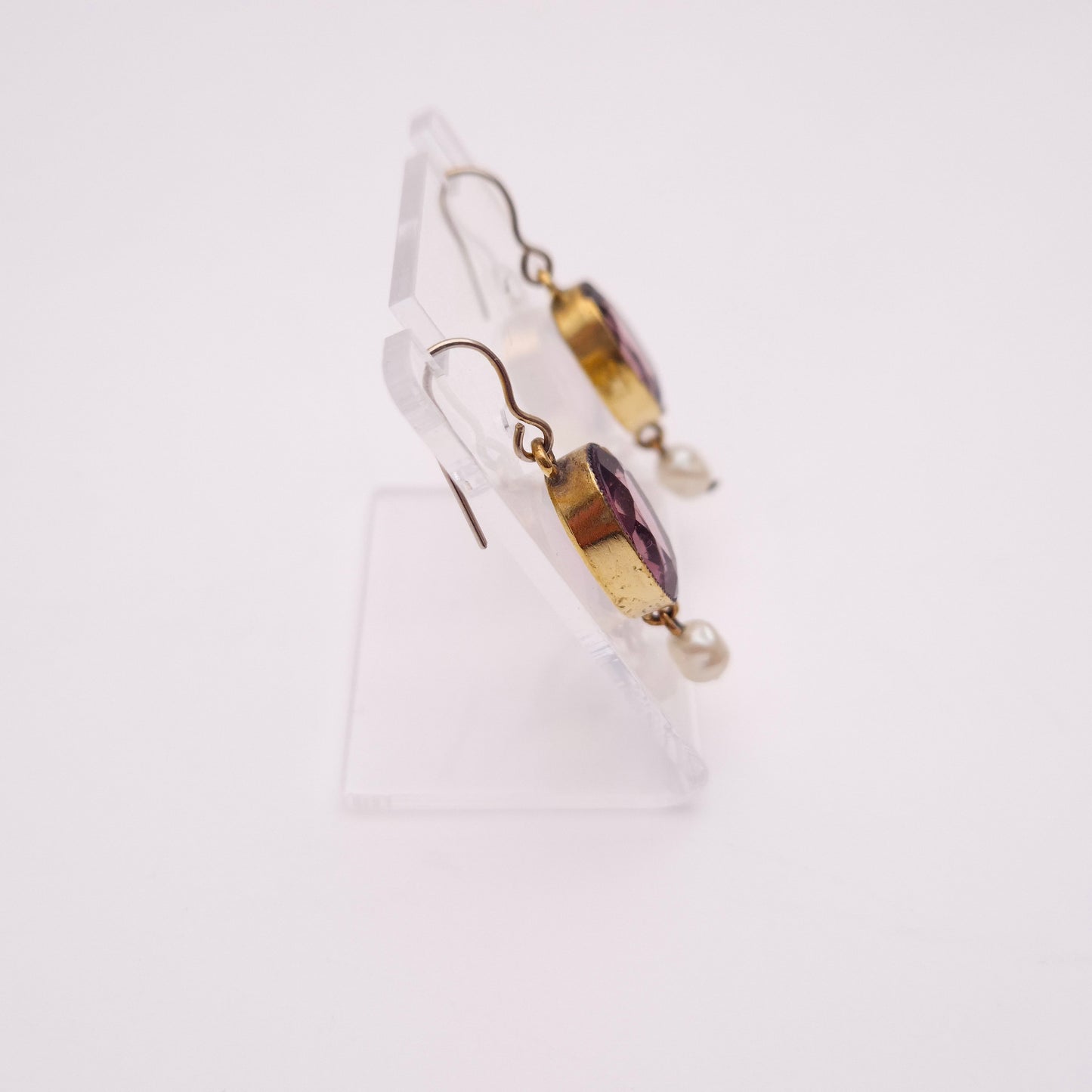 Gold Plated Vintage Purple Paste Stone and Pearl Drop Earrings