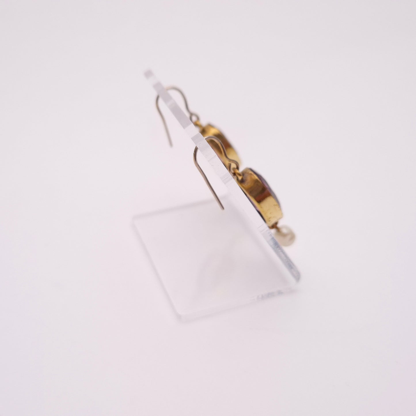 Gold Plated Vintage Purple Paste Stone and Pearl Drop Earrings