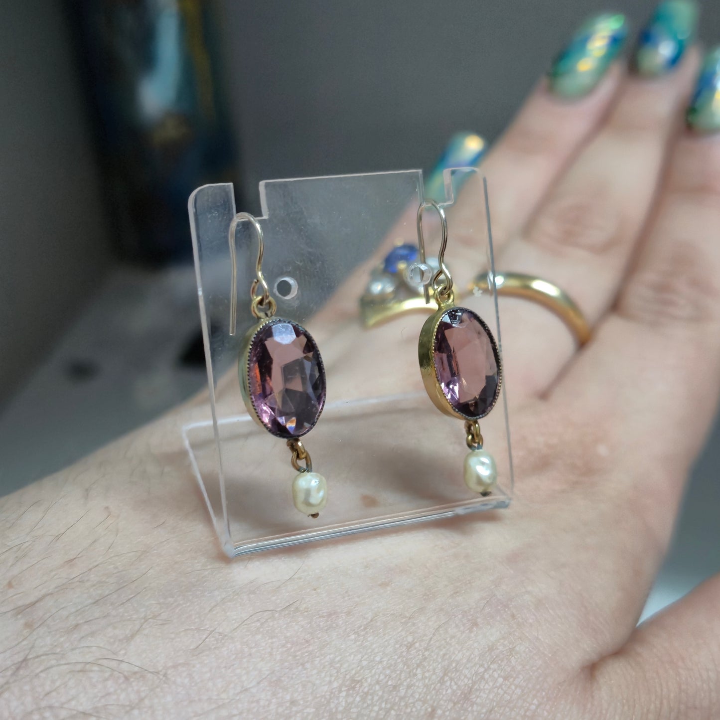 Gold Plated Vintage Purple Paste Stone and Pearl Drop Earrings