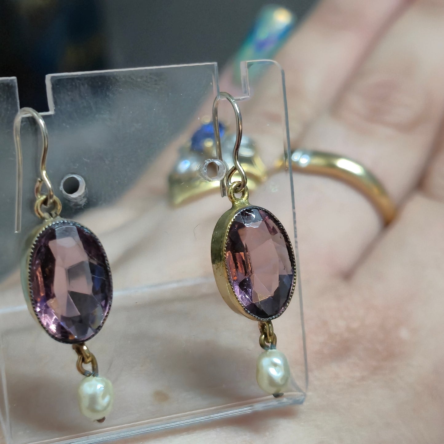 Gold Plated Vintage Purple Paste Stone and Pearl Drop Earrings
