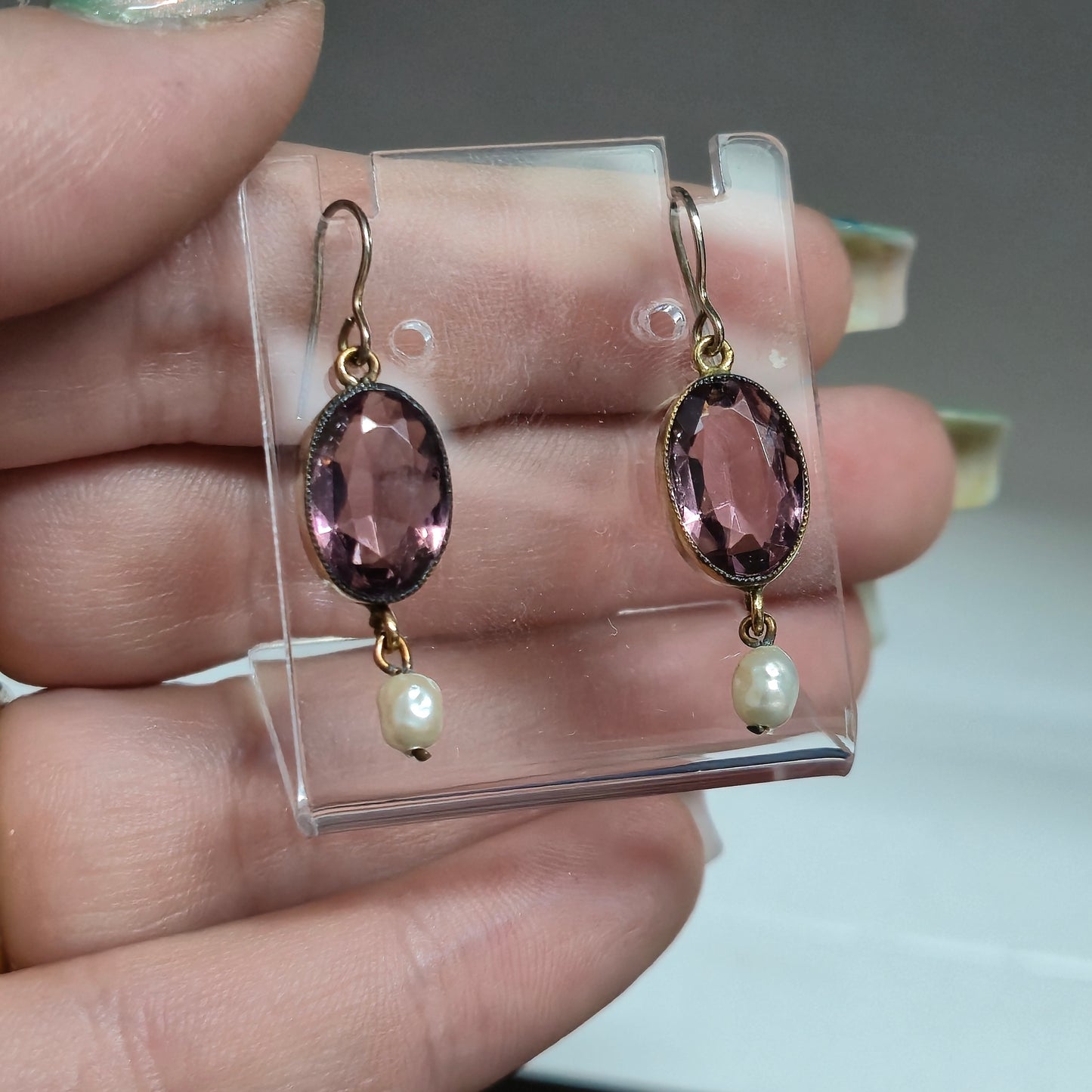 Gold Plated Vintage Purple Paste Stone and Pearl Drop Earrings