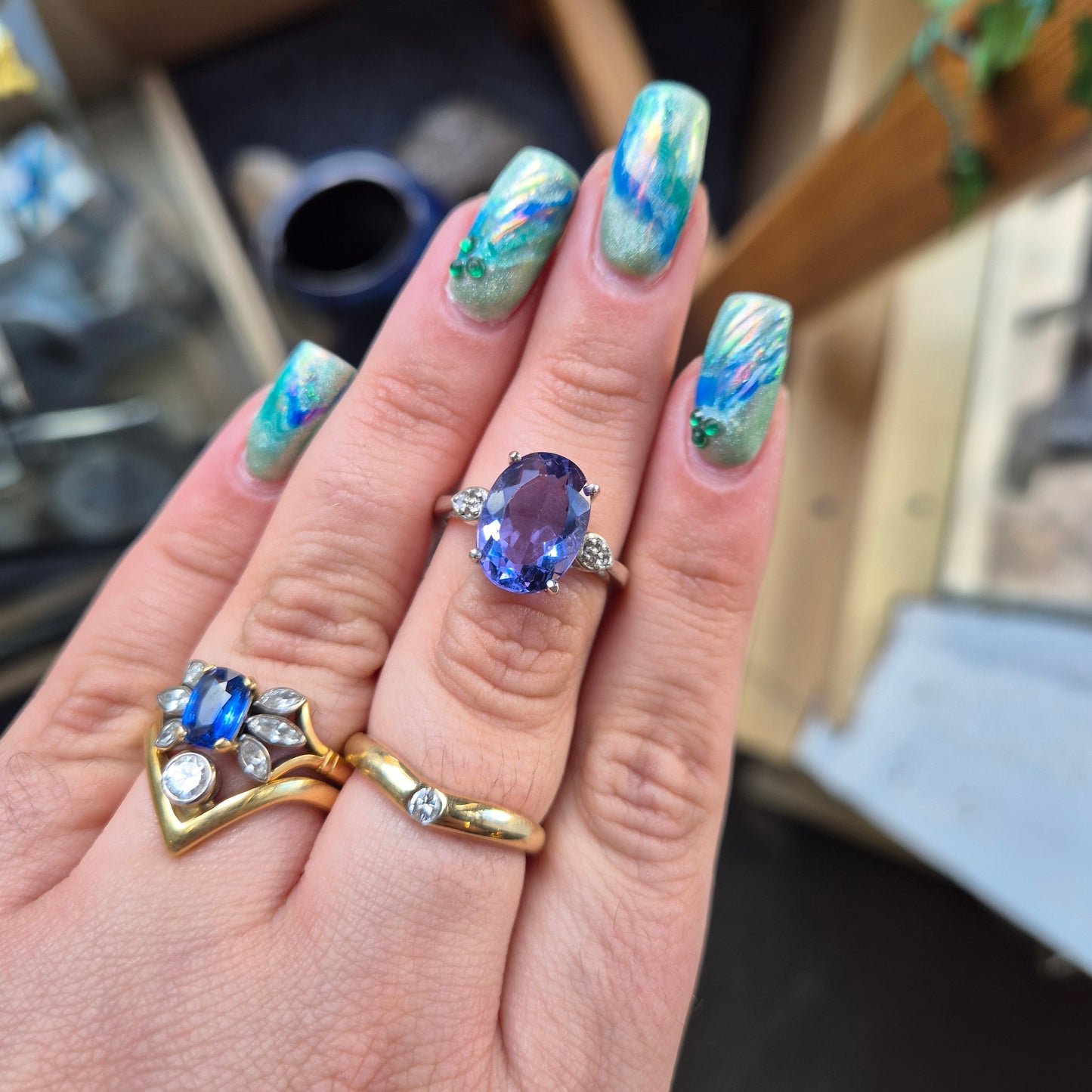 Sterling Silver Blue and White Cubic Zirconia Trilogy Ring