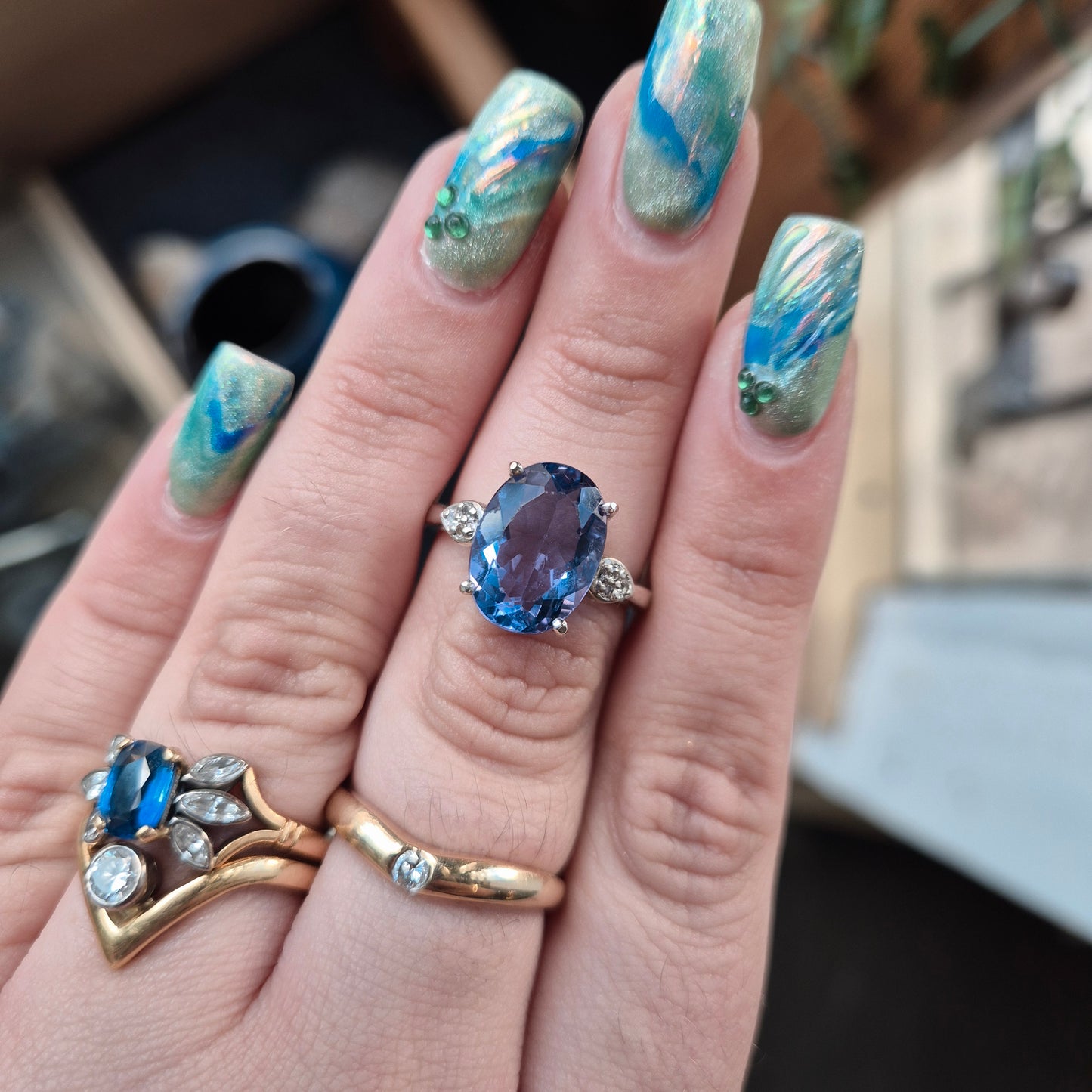 Sterling Silver Blue and White Cubic Zirconia Trilogy Ring