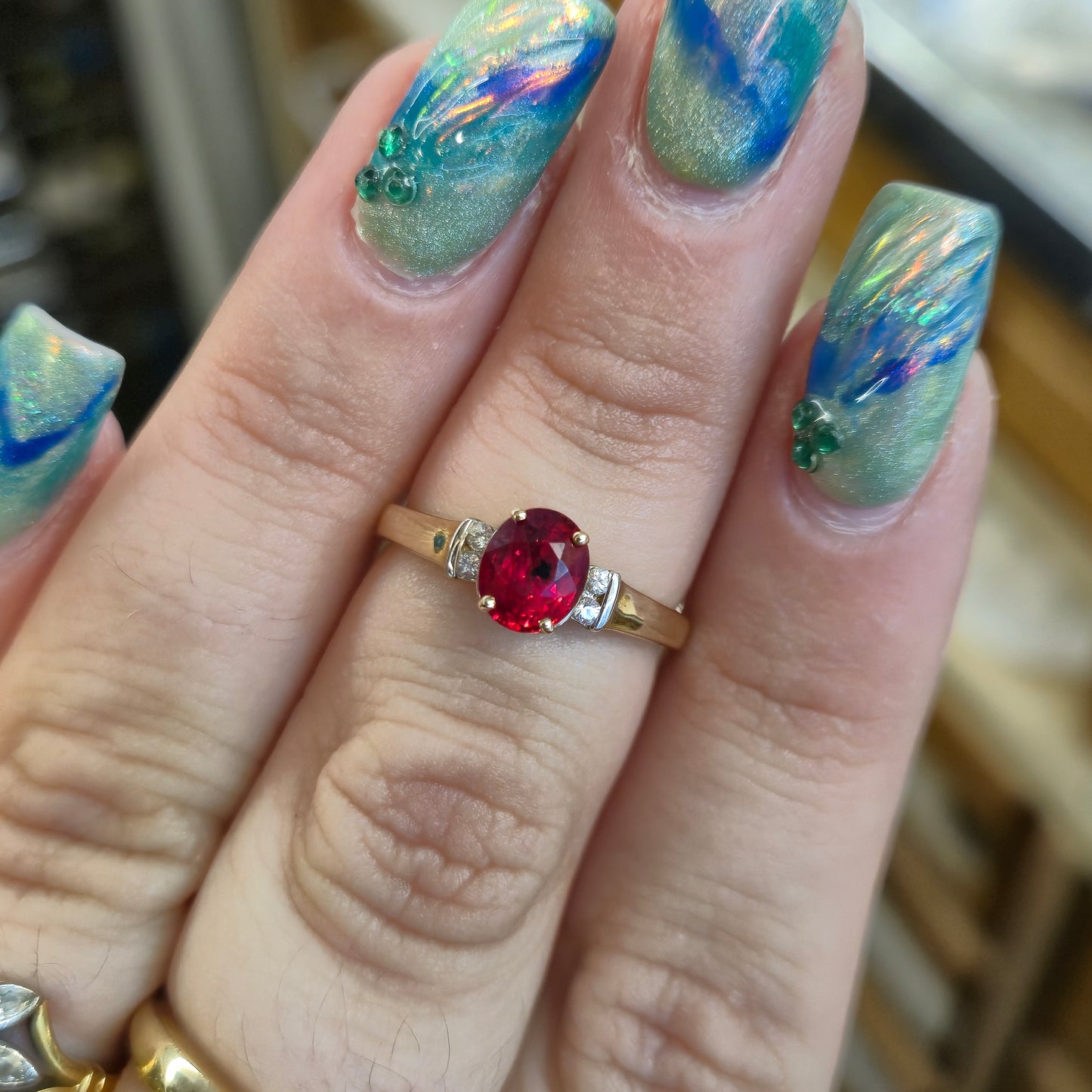 9ct Yellow Gold Red Garnet Solitaire and White Topaz Set Shoulders Ring