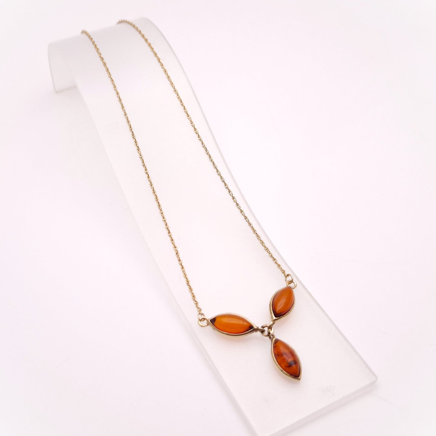 9ct Yellow Gold Three Stone Marquise Shaped Amber Y-Drop Necklace