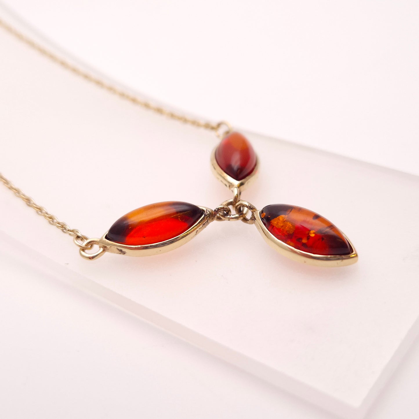9ct Yellow Gold Three Stone Marquise Shaped Amber Y-Drop Necklace