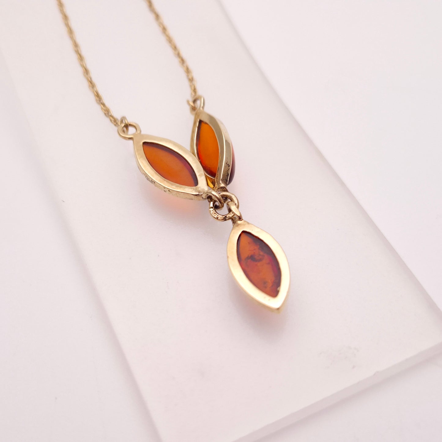 9ct Yellow Gold Three Stone Marquise Shaped Amber Y-Drop Necklace