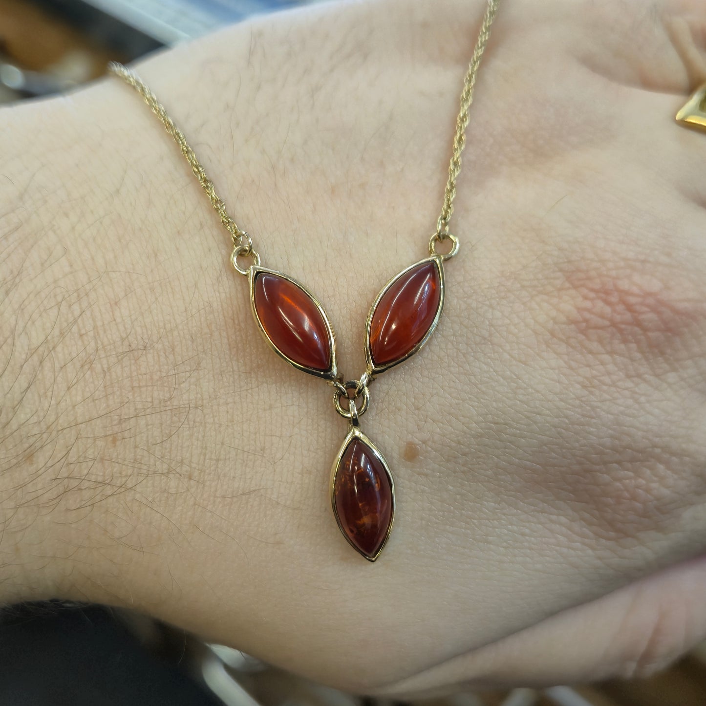 9ct Yellow Gold Three Stone Marquise Shaped Amber Y-Drop Necklace