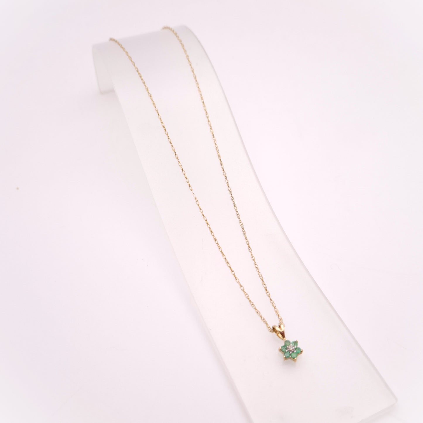9ct Yellow Gold Emerald and Diamond Flower Cluster Pendant and Chain Necklace