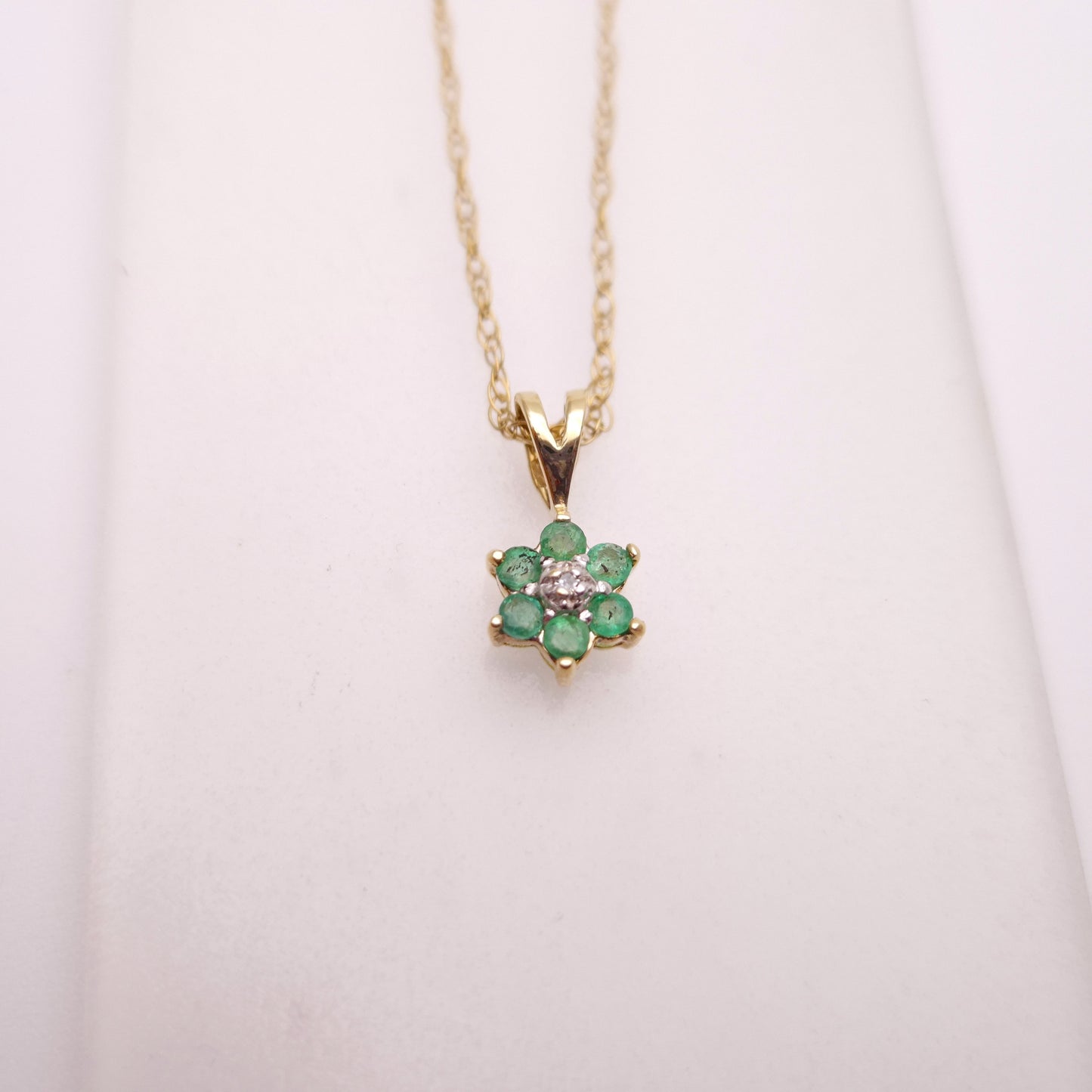 9ct Yellow Gold Emerald and Diamond Flower Cluster Pendant and Chain Necklace
